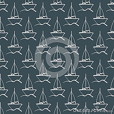 Repeated sketch of the hand of a sailboat on the waves. Seamless pattern. Vector Illustration