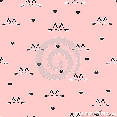 Repeated sketches of a cat`s face and silhouettes of hearts. Cute seamless pattern. Vector Illustration