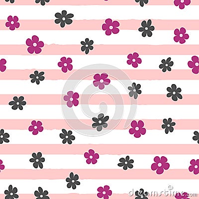 Repeated small abstract flowers on uneven striped background. Cute floral seamless pattern. Vector Illustration