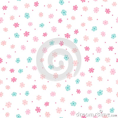 Repeated small cute flowers and round dots. Simple girly floral pattern. Endless feminine print. Vector Illustration