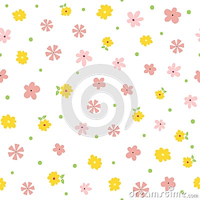 Repeated small flowers, leaves and polka dot. Cute floral seamless pattern. Vector Illustration