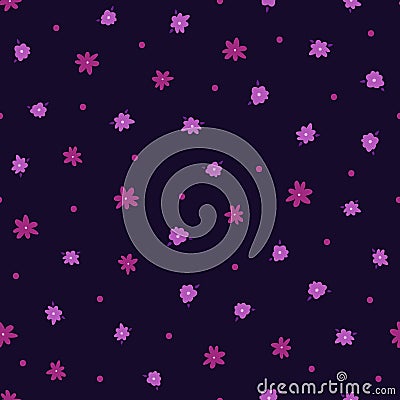 Repeated small flowers with leaves and round dots. Floral seamless pattern for women. Vector Illustration