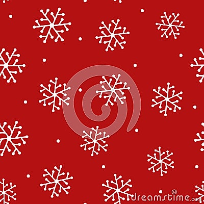 Repeated snowflakes drawn by hand and round dot. New Year seamless pattern. Sketch, doodle. Vector Illustration