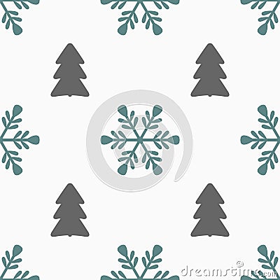 Repeated snowflakes and silhouettes of Christmas trees. New year seamless pattern. Vector Illustration