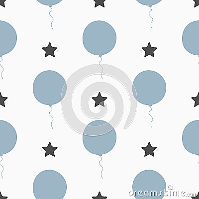 Repeated stars and balloons. Seamless pattern for boys. Drawn by hand. Vector Illustration