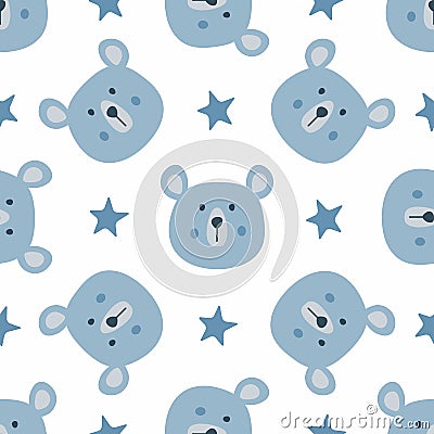 Repeated stars and heads of funny bears. Cute seamless pattern for children. Vector Illustration