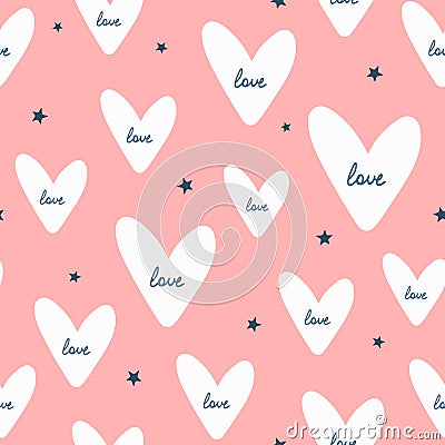 Repeated stars and hearts with handwritten text Love. Romantic seamless pattern. Vector Illustration