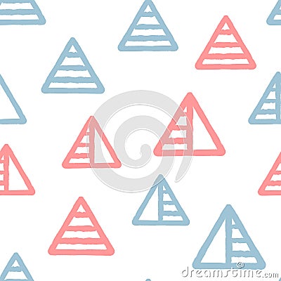 Repeated triangles drawn by hand with brush. Geometric seamless pattern for children. Vector Illustration