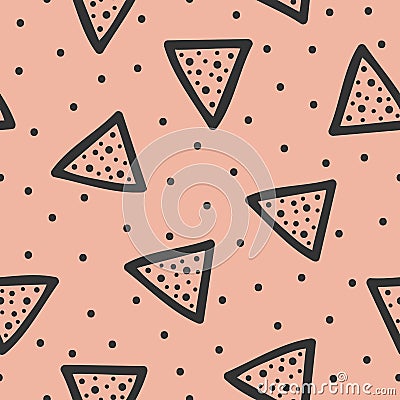 Repeated triangles and polka dot. Geometric seamless pattern. Drawn by hand. Vector Illustration