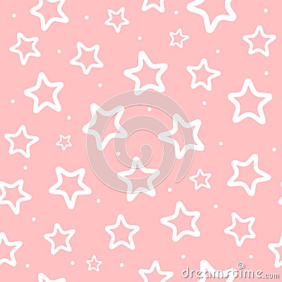 Repeated white round dots and outlines of stars on pink background. Cute seamless pattern for girls. Vector Illustration