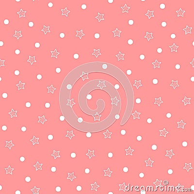 Repeated white stars and circles on pink background. Cute seamless pattern. Vector Illustration