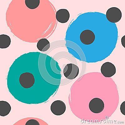 Repeating colored round spots painted with watercolor brush. Cute seamless pattern for girls. Vector Illustration