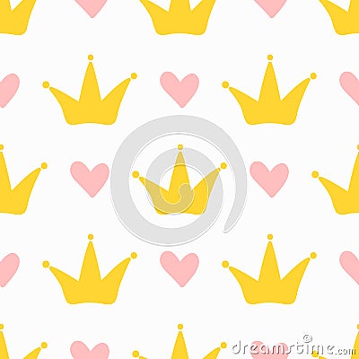 Repeating cute hearts and crowns. Seamless pattern for children. Vector Illustration