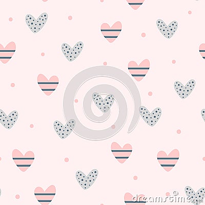 Repeating cute hearts and round dots. Romantic seamless pattern. Vector Illustration