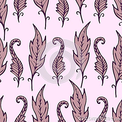 Repeating floral and feather pattern. Seamless texture with leaves. Vector Illustration