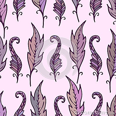 Repeating floral and feather pattern. Seamless texture with leaves. Vector Illustration