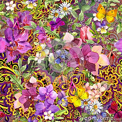 Repeating floral wallpaper. Decorative eastern ornament paisley, flowers . Watercolor Stock Photo