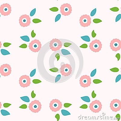 Repeating flowers with leaves. Cute seamless pattern. Endless floral print. Vector Illustration