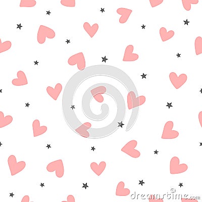 Repeating hearts and stars drawn by hand. Cute romantic seamless pattern. Vector Illustration
