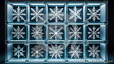 a repeating pattern of clear glass boxes, each containing a uniquely formed snowflake, in pale blue tones Stock Photo