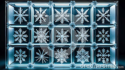 a repeating pattern of clear glass boxes, each containing a uniquely formed snowflake, in pale blue tones Stock Photo