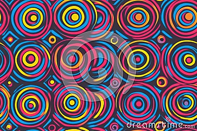 A repeating pattern of colorful concentric circles on a dark background creating depth Stock Photo