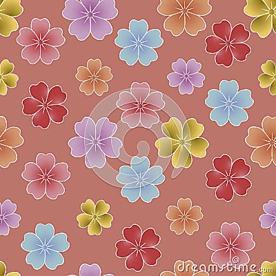Vibrant Sakura Blossoms: Repeating Pattern in a Multicolored Array Vector Illustration