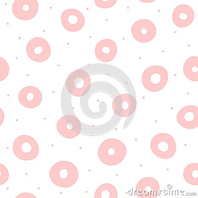 Repeating pink circles and round dots on white background. Cute geometric seamless pattern drawn by hand. Vector Illustration
