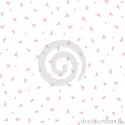 Repeating pink triangles and round dots on white background. Cute geometric seamless pattern. Vector Illustration