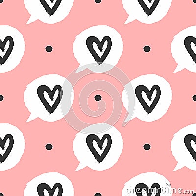 Repeating round dots and bubbles of speech with outlines of hearts. Cute seamless pattern drawn by hand with a rough brush. Vector Illustration