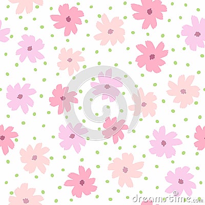 Repeating round spots and flowers drawn by hand with rough brush. Feminine floral seamless pattern. Sketch, watercolor, paint. Vector Illustration