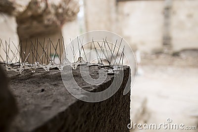 Repellent metal spikes installed over cornice of historic building Stock Photo