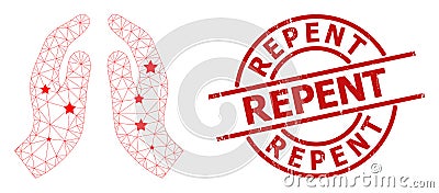 Repent Scratched Rubber Stamp and Pray Hands Mesh Net Star Mosaic Vector Illustration