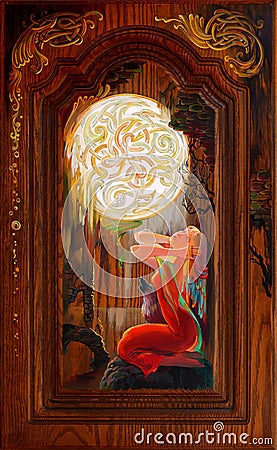 Repentance. Portrait of beautiful girl dreaming in the fantasy Celtic environment. Oil painting on Breton oak. Stock Photo
