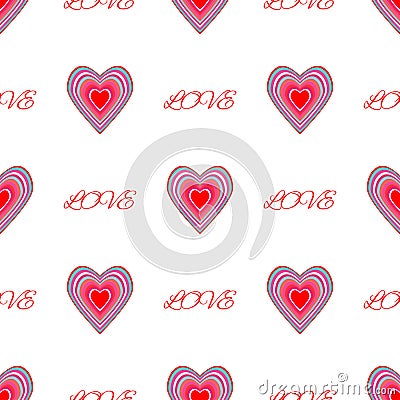 Repetitive hearts and text Love. Romantic seamless pattern. Vector illustration. Vector Illustration