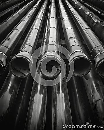 The repetitive pattern of pipes repeating endlessly into the distance symbolizing the unending cycle of industry. Black Stock Photo