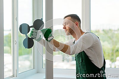 Replacement of broken glass Stock Photo