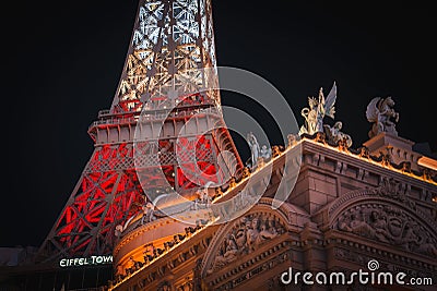 Replica Eiffel Tower Illuminated Red Night Sky Vegas Strip Editorial Stock Photo