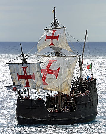 Replica ot vessel Santa Maria is passing the port of Funchal Editorial Stock Photo