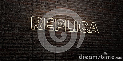 REPLICA -Realistic Neon Sign on Brick Wall background - 3D rendered royalty free stock image Stock Photo
