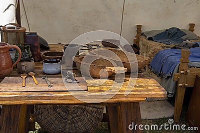 Replica Viking Tent With Household Objects Stock Photo