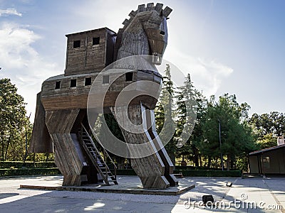 Replica of wooden trojan horse in ancient Troy city, Turkey Stock Photo