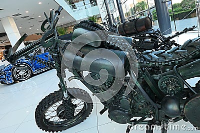Replicas of postapocalyptic motorbikes from movie Mad Max: Fury Road, made of scrap metal Editorial Stock Photo