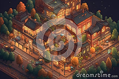 3d isometric view of the city.cityscape.Collection of houses, skyscrapers, buildings, built and supermarket. generetive ai. Stock Photo