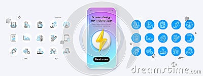 Report document, Checklist and Solar panels line icons. For web app, printing. Phone mockup with 3d energy icon. Vector Vector Illustration