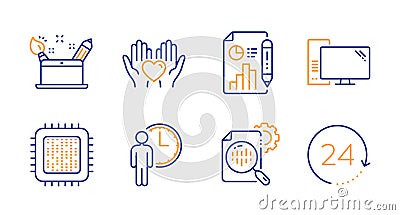 Report document, Seo stats and Computer icons set. Hold heart, Cpu processor and Waiting signs. Vector Vector Illustration