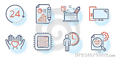 Report document, Seo stats and Computer icons set. Hold heart, Cpu processor and Waiting signs. Vector Vector Illustration