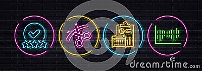 Report, Rating stars and Scissors minimal line icons. For web application, printing. Neon laser 3d lights. Vector Stock Photo