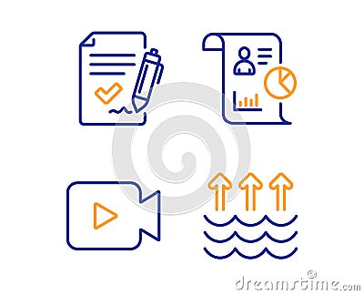 Report, Video camera and Approved agreement icons set. Evaporation sign. Vector Vector Illustration
