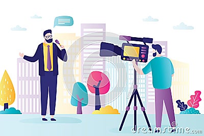 Reporter with microphone broadcast breaking news on street, cameraman create video content. Anchorman tells latest news of day Vector Illustration